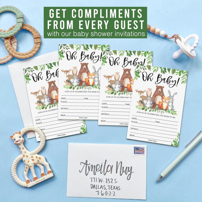 Hadley Designs Baby Shower Invitations for Girl -40 Baby Shower Invites for Boy with Diaper Raffle & Book Request Cards, Woodland Animals Gender Reveal Invitations Gender Neutral, Oh Baby!