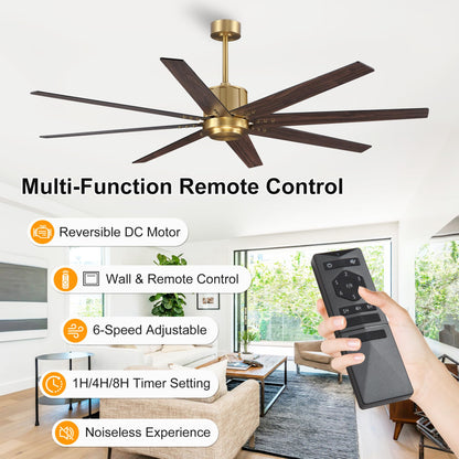 WINGBO 72" Ceiling Fan without Light, Modern Large Ceiling Fan with Remote Control, 6-Speed Reversible Noiseless DC Motor, Gold and Black/Walnut Blades for Living Room, Bedroom & Covered Outdoor