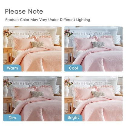 Flysheep Pink Ruffle Quilt Set Twin Size, 2 Pieces Shabby Chic Farmhouse Striped Bedspread Coverlet Set, Solid Lightweight Soft Microfiber Bed Cover for Kids (1 Ruffled Quilt + 1 Pillow Sham)