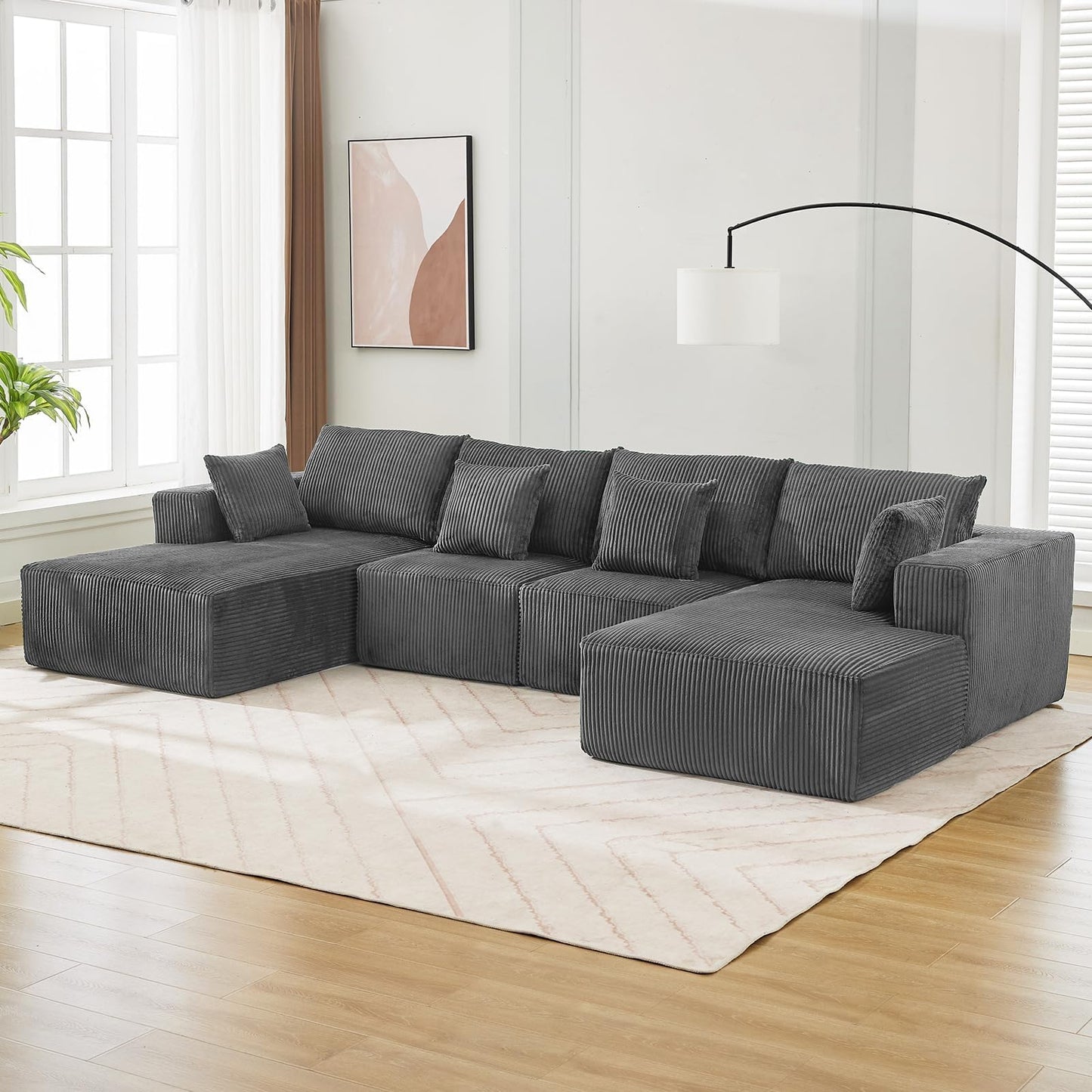 137" Oversized Cloud Boneless Sofa Couch with Chaise, Modern Corduroy u Shaped Modular Sectional Sofa with Deep Seat, No Assembly Required, Convertible Compression Sleeper Sofa for Living Room