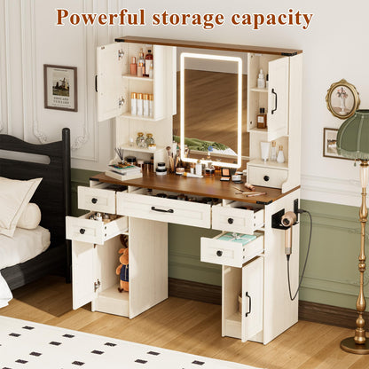 NBYSGO Farmhouse Vanity Desk with Mirror and Lights, Large Makeup Table with 6 Drawers and 4 Storage Cabinets, 3 LED Lights Modes, White Dressing Set for Girls Bedroom