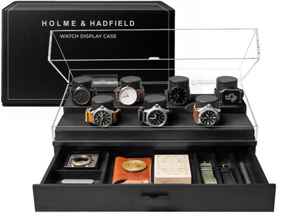 Premium 7 Slot Watch Box for Men - Large Wooden Watch Display Case with Hinged Cover, Leather Lining & Drawer - Watch Holder Organizer Stand - Handcrafted Luxury Birthday Gift for Men