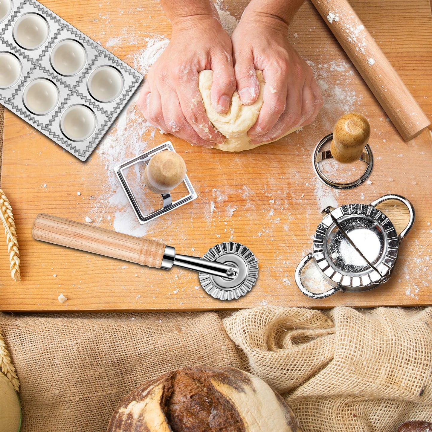 8 Pieces Ravioli Mold Set, ravioli cutter, Ravioli Maker Cutter with Roller Wheel, Ravioli Cutter Set with Wooden Handle, Pasta Making Kit for Ravioli Press Mold. Suitable for home and restaurant us