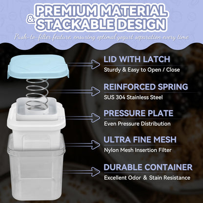Party Desserts Greek Yogurt Strainer with Lid, Yogurt Maker, Yoghurt Filter with Ultra Fine Nylon Mesh Strainer & Pressure Filtration, 1.5Qt Thick & Creamy Greek Yogurt, BPA-Free, Aqua Blue