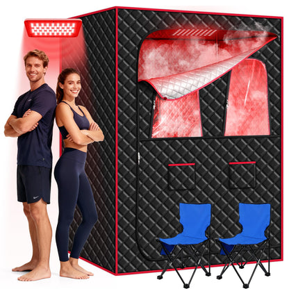 Morfone 2 Person Portable Infrared Steam Sauna with 660nm Red Light Therapy Lamp & 2 Steamers 2 Folding Chairs, Full Body Sauna Spa Tent at Home for Relaxation, 71"x 49"x 36",Black
