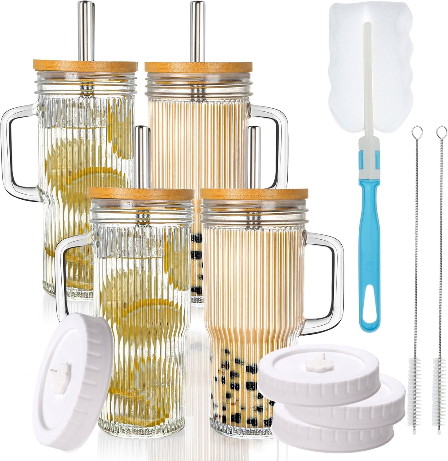 24oz Handle,4Pack Ribbed Glass Tumbler With Glass Cup with Lids and Straws,Reusable Glass Iced Coffee Cups