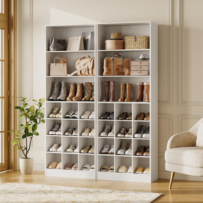LITTLE TREE Tall Shoe Cabinet, Free Standing 24-Pair Organizer, 7-Tier Shelf + Side Hooks, Space-Saving Storage for Entryway, Hallway, for Shoes, Boots & Accessories, (2, White)
