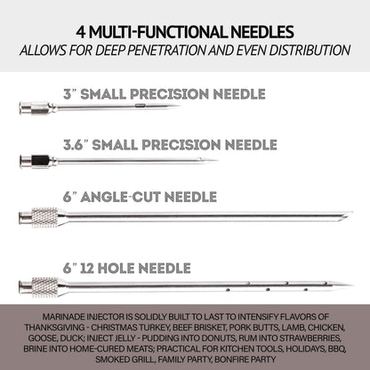 Meat Injector Marinade Gun Stainless Steel Outdoor Kit Flavor Food Syringes & 4 Marinades Needles for BBQ Grill Smoker Injectors Professional Syringe Held Culinary Barbecue Tool
