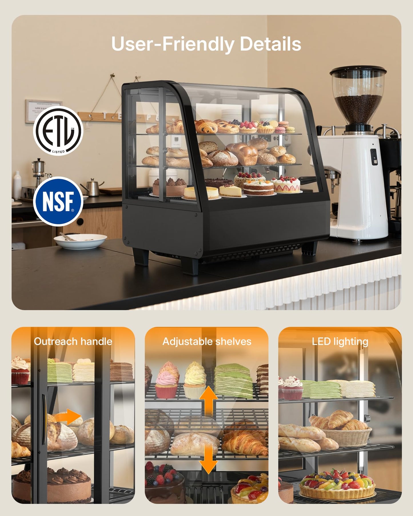 Upstreman Countertop Pastry Display Refrigerator, 3.5 Cu.Ft Commercial Cake Display Refrigerator, Bakery Showcase with LED Light, Digital Thermostat, for Café, Restaurant, Store (CD35)