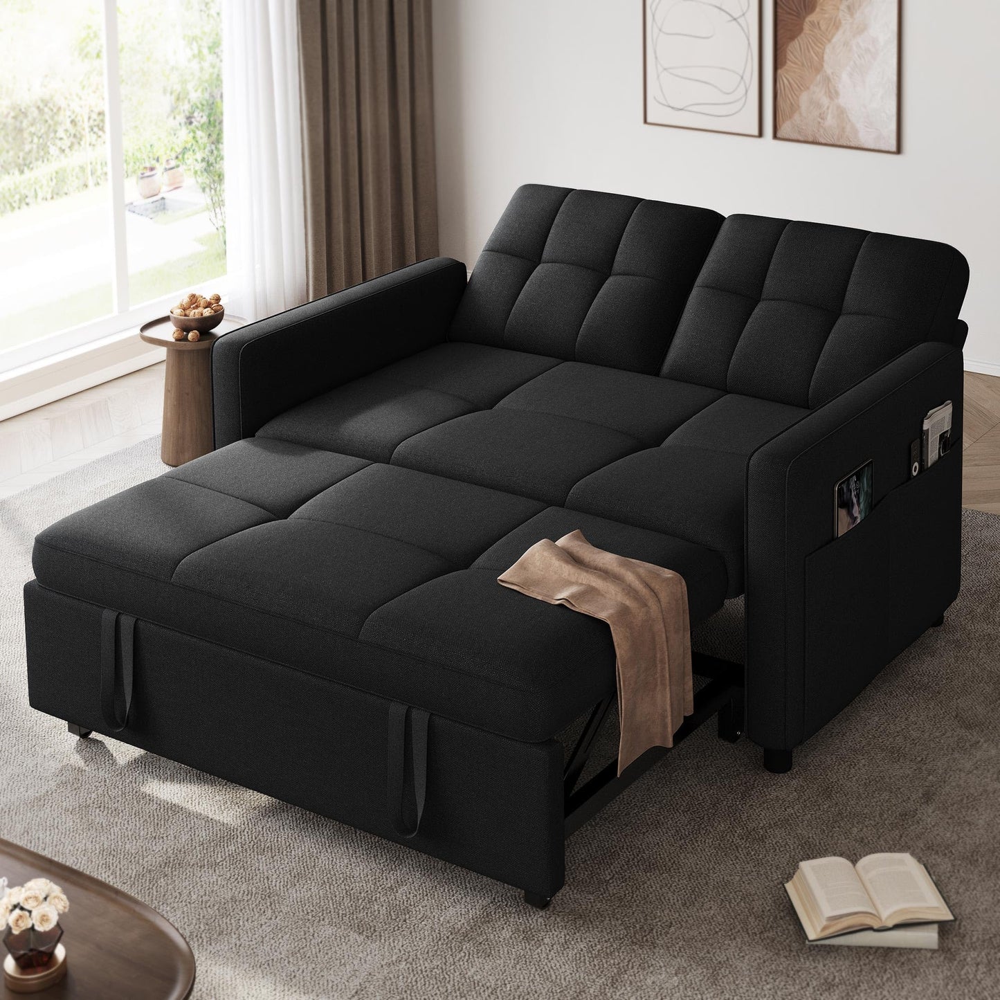 DWVO 55" Convertible Sofa Bed, 3-in-1 Sleeper Sofa with Pull-Out Bed, Linen Futon Couch with Adjustable Backrest and Side Pocket, Modern Loveseat for Living Room Apartment, Balck