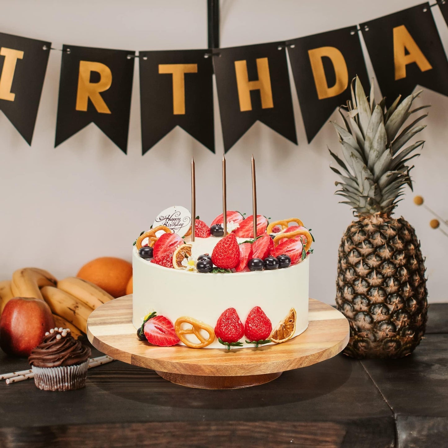 GOVOKOI 12" Acacia Wood Revolving Cake Stand, 2" High Rotating Cake Turntable, Wooden Rotating Display Stand for Cake, Cupcake Decorating Supplies