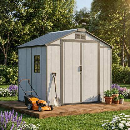 8x6 FT Resin Storage Shed with Floor Windows Lockable Double Door Vents, Easy Assembly All Weather Waterproof Durable Plastic Outdoor Sheds for Backyard Garden Storage Tools Lawnmover, Gray