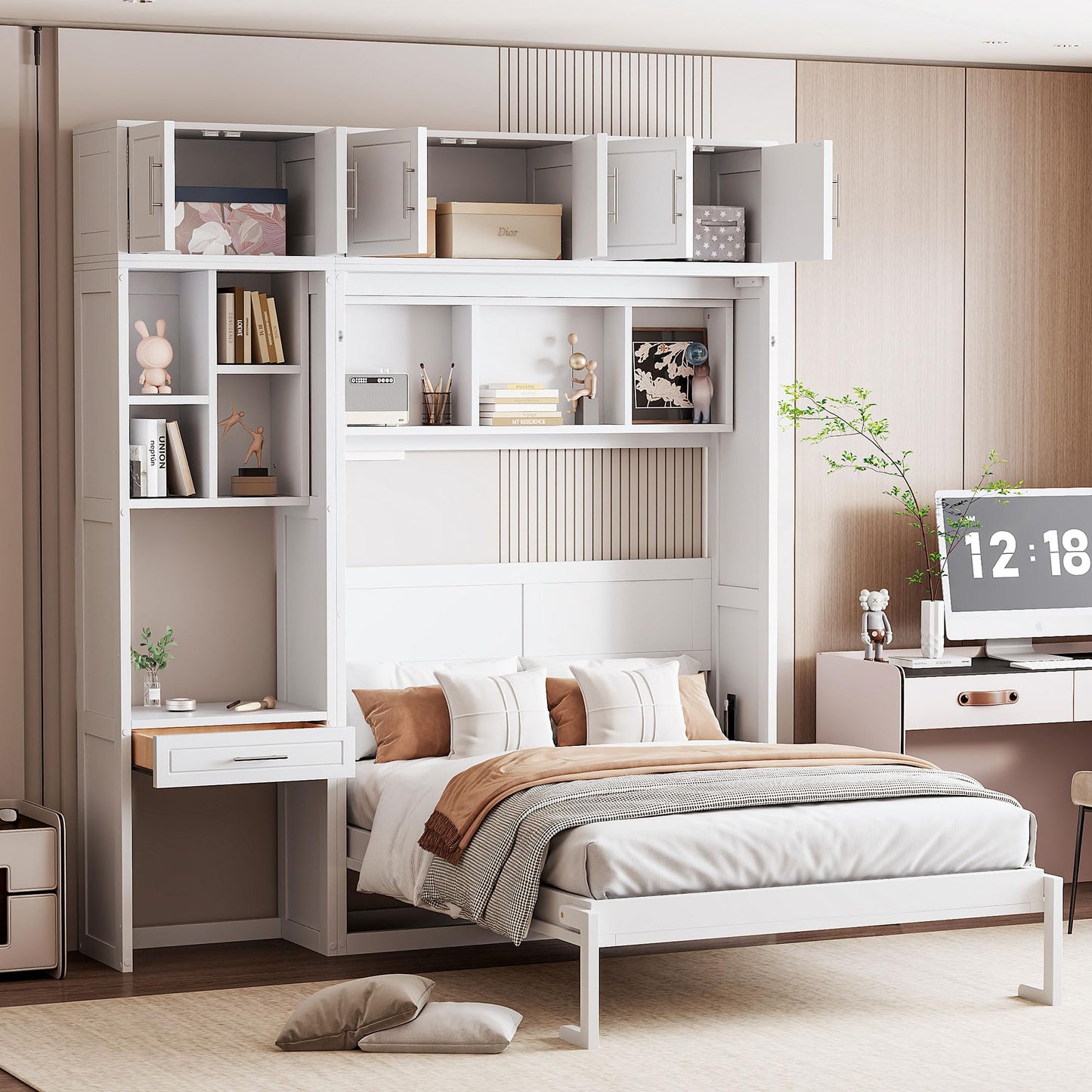 Merax Full Size Wall Murphy Bed with Desk, Top Cabinet and Storage Shelves, Space Saving Foldable Bed, Wooden Bed Frame