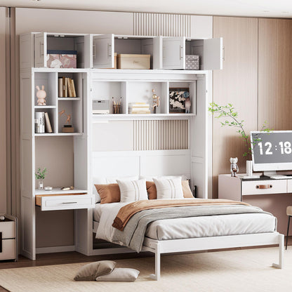 Merax Full Size Wall Murphy Bed with Desk, Top Cabinet and Storage Shelves, Space Saving Foldable Bed, Wooden Bed Frame