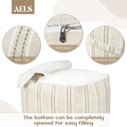 18"x18"x18", AELS Unstuffed Farmhouse Pouf Cover for Living Room, Boho Storage Bean Bag Cubes, Beige with Brown Stitch
