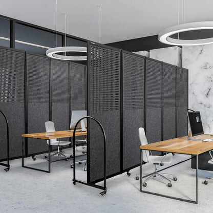 Folding Room Partition,Freestanding Privacy Divider,Portable Office Divider Wall,Commercial Space Partition Screen,Perforated Felt Panel Design,10'6"W x 6'7"H,5 Panel,Dark Grey