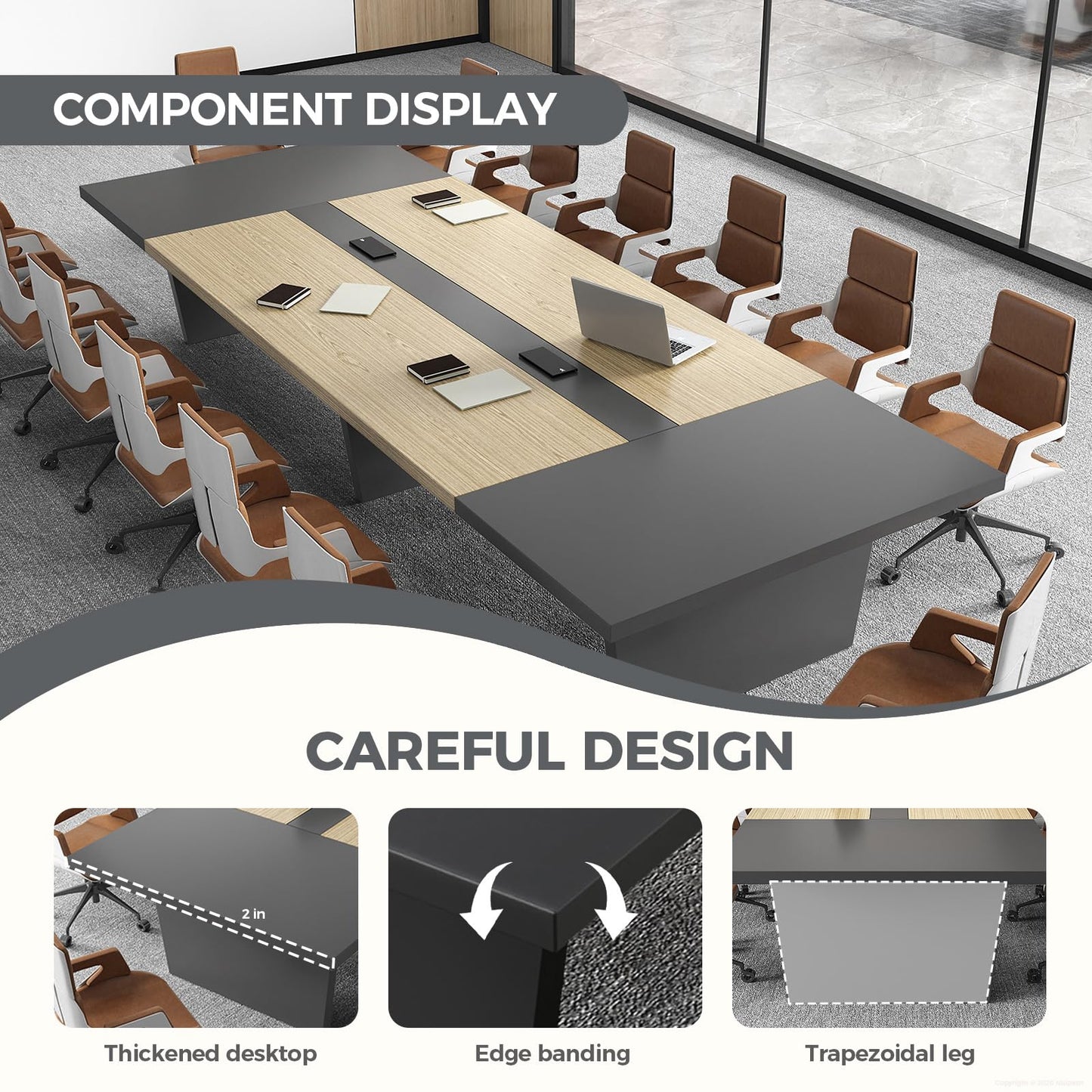 Nuipesn 138 Inch Rectangular Conference Table for 12-14 People, Built-in Power Outlets and USB Charging Ports, Cable Management, 2 Inch Thick Top, 500 lb Capacity, Oak and Grey