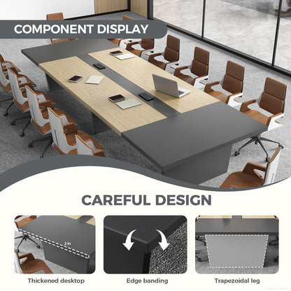 Nuipesn 95" Rectangular Conference Table, Seats 8-10, Built-in Power Outlets & USB Charging Ports, Cable Management, 2-Inch Thick Top, Oak/Grey