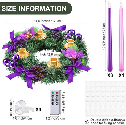 Fovths 12-Inch Christmas Advent Wreath - Flameless Taper Candles with Remote Control | Purple Centerpiece Decor