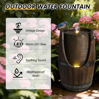 mdj pottery 24.8" Tall Outdoor Water Fountain, Rustic Barrel Style Cascading Resin Waterfall with Warm LED Lights, Weather-Resistant Patio Fountain for Patio Yard Porch - Brown Gray