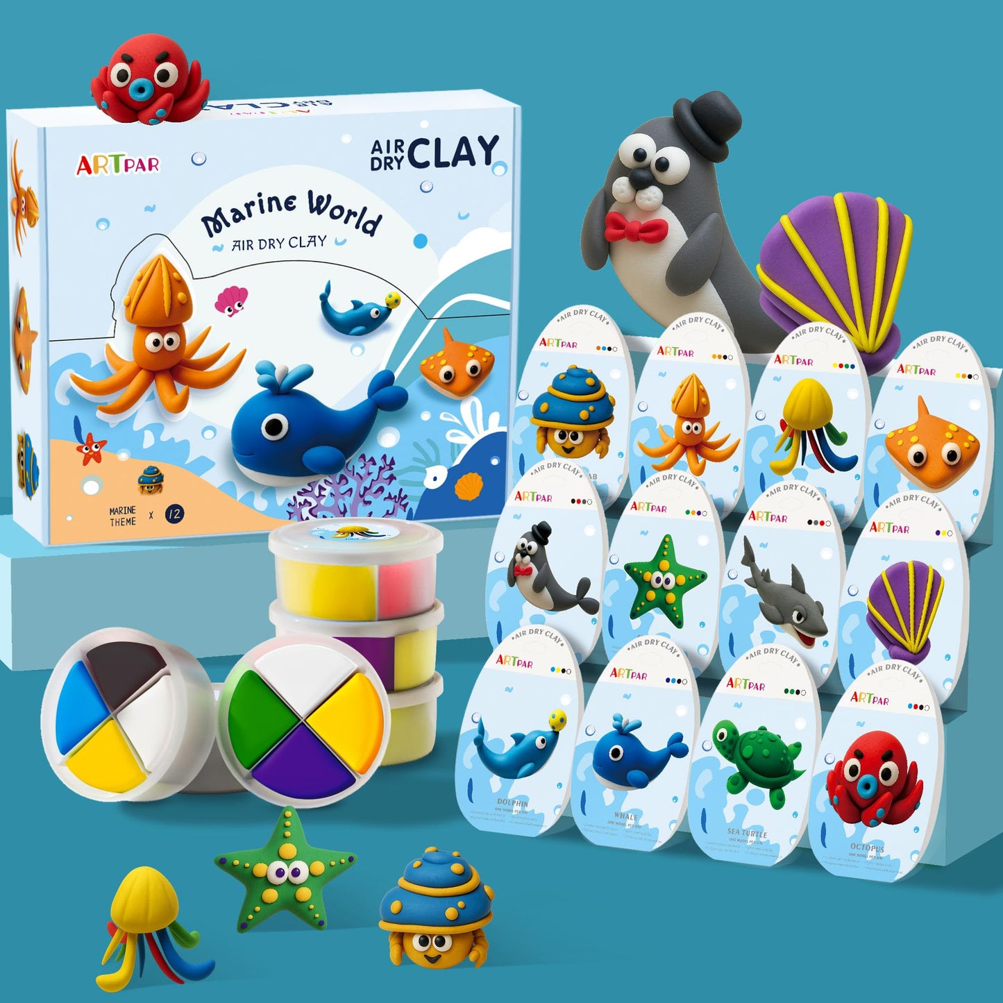 ARTPAR Air-Dry Clay Kit for Kids,12 Marine Animals‌ Modeling Magic Clay Sculpting Tools Set,Non-Sticky, Ultra-Light,Creative DIY School Arts & Crafts Gifts for Boys & Girls Ages 3-12
