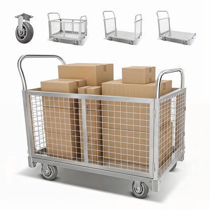 Platform Truck Cart with Cage,2200 lbs Capacity,6-in-1 Multi-Purpose Heavy Duty Foldable Flatbed Cart with Swivel Wheels,Quiet&Smooth Rolling Utility Hand Cart for Grocery,Laundry,Garage,Warehouse