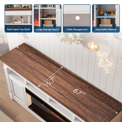 GAOMON 68 Inch Fireplace TV Stand for TVs Up to 75", Entertainment Center with 36'' Corded Electric Fireplace, Remote Controlled Realistic 3D Flame, Console Table with Storage Shelves, White+Brown
