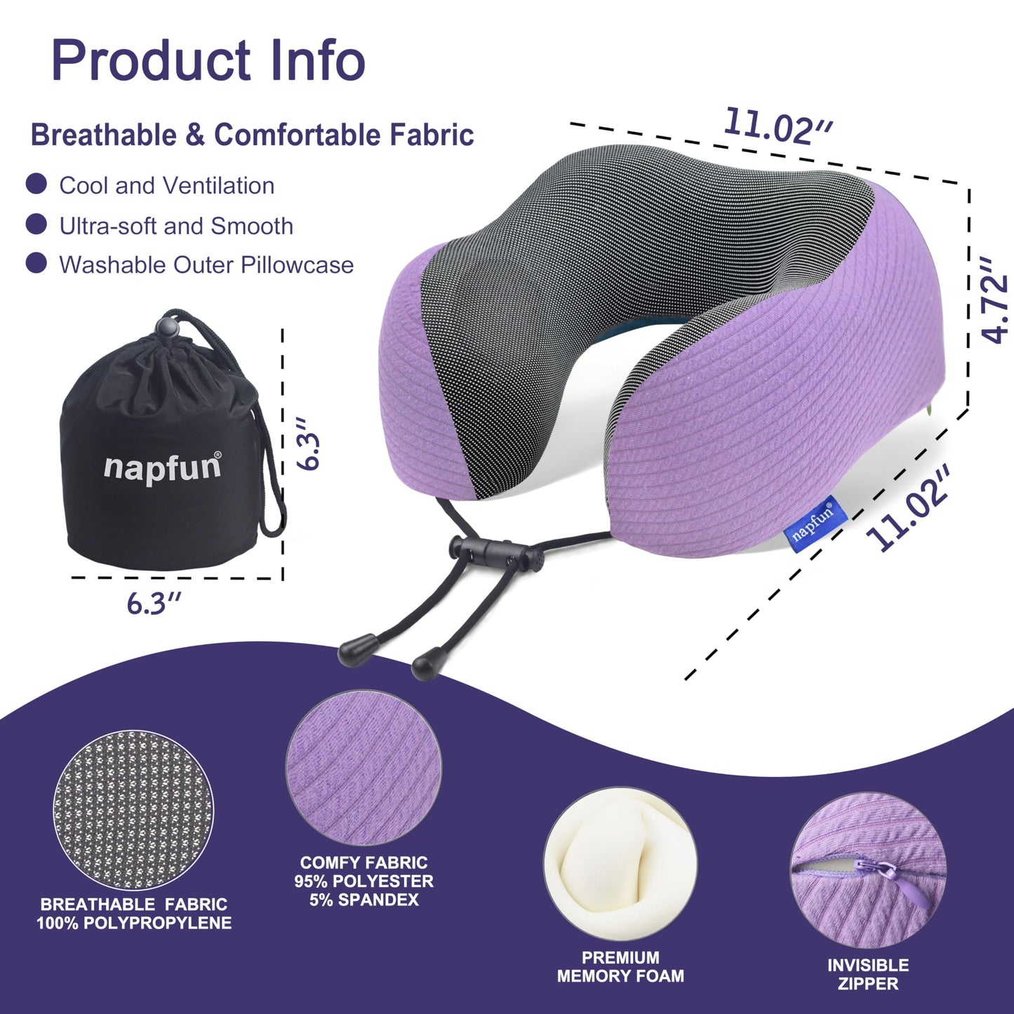 napfun Neck Pillow for Traveling, Upgraded Travel Neck Pillow for Airplane 100% Pure Memory Foam Travel Pillow for Flight Headrest Sleep, Portable Plane Accessories, Light Grey