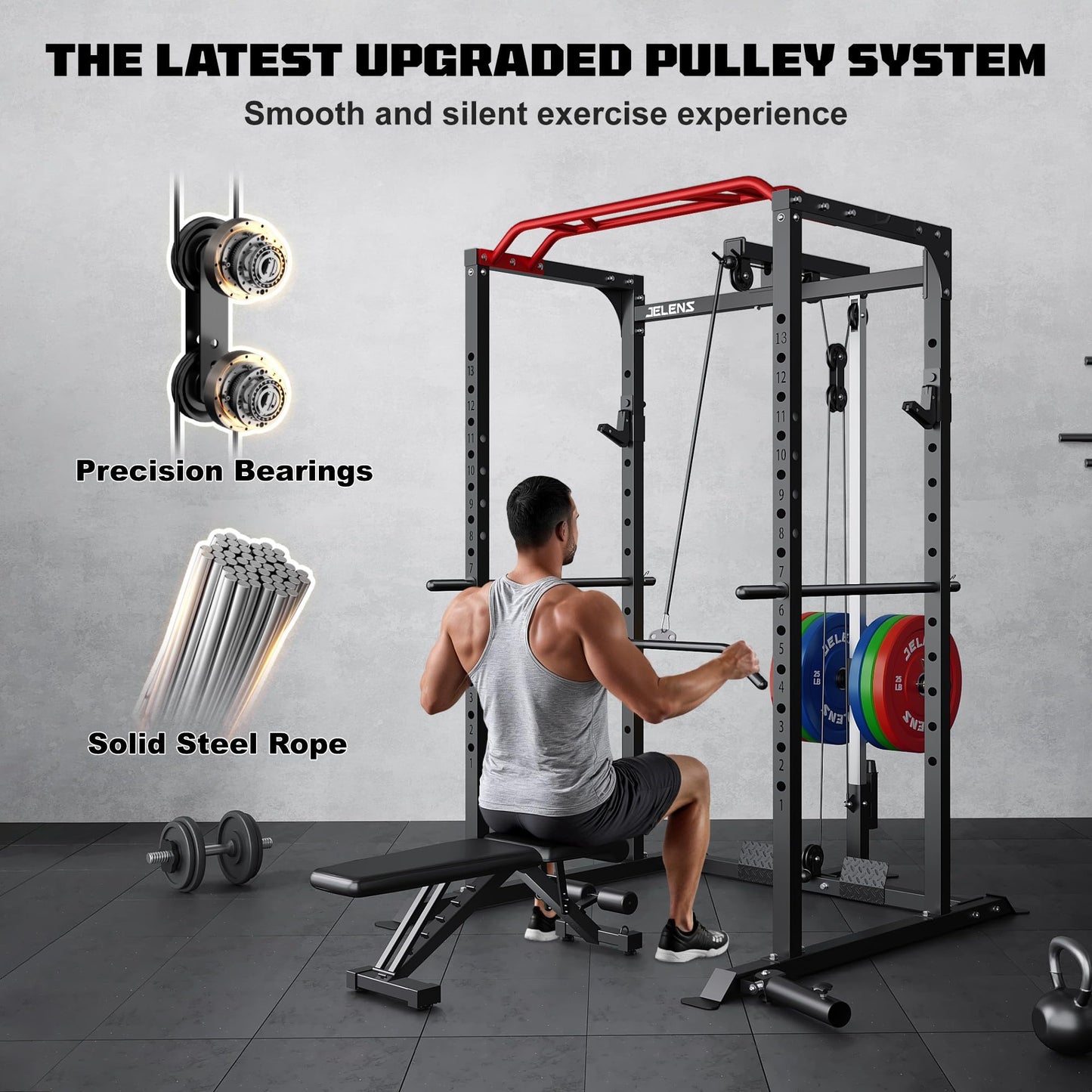 JELENS S11 Power Cage, 2000LB Multi-Function Power Rack with LAT Pulldown, Squat Rack with Adjustable Pulley System and Training Attachments, Weight Rack for Home Gym (370LB Colored Weights Package)