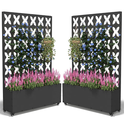 FOLAWO 2PCS Metal Planter Box with Trellis,70.9"x47.2"x15.7" Raised Garden Bed with Drainage Holes, Privacy Planters for Outdoor Garden Bed for Climbing Plants,Vegetables,and Vines, Black-X