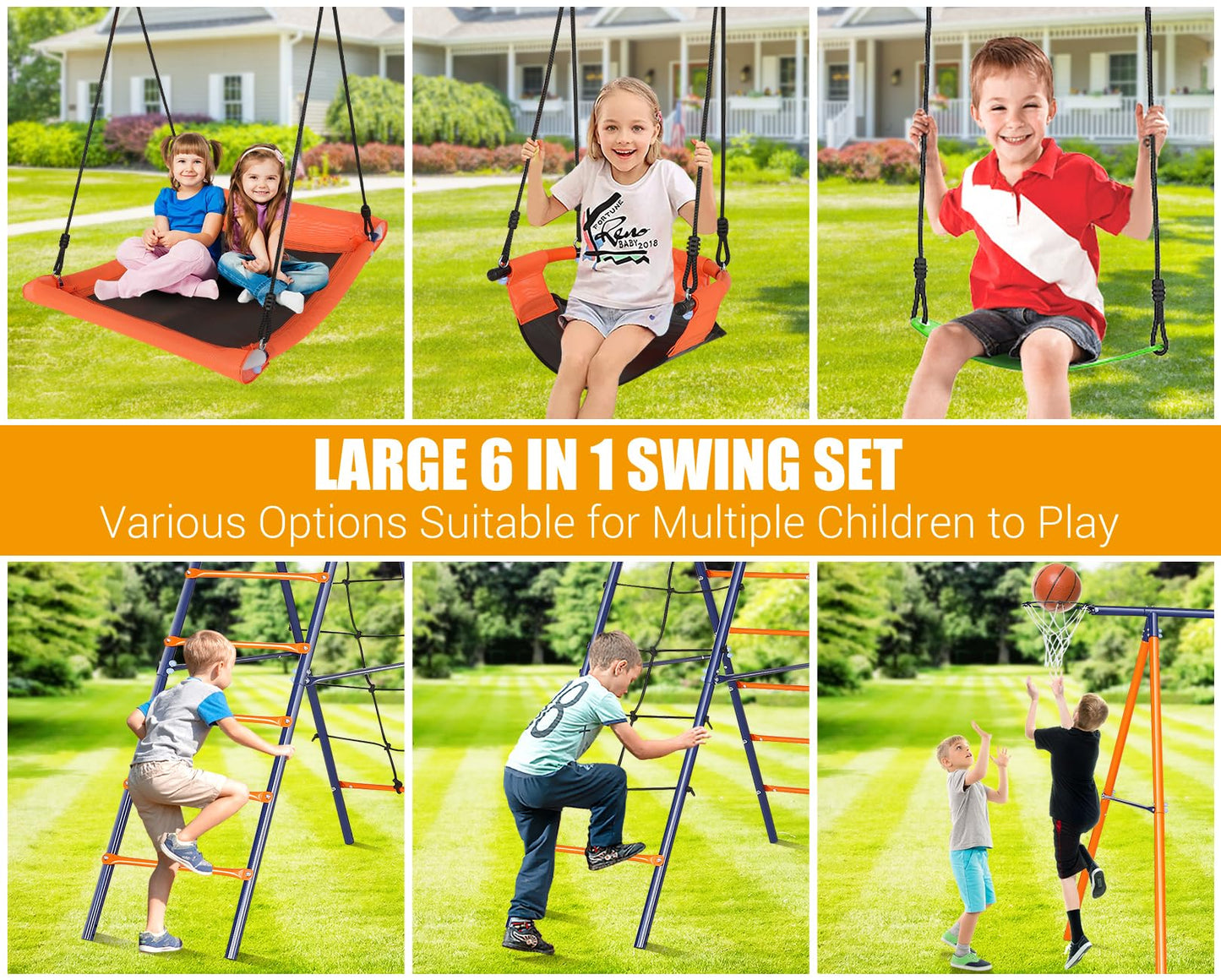 Swing Sets for Backyard 700 lbs - 6 in 1 Multifunction Swing Set Outdoor for Kids Playground, Larger Heavy Duty Metal Swing Stand with 3 Adjustable Swings, Climbing Ladder and Net, Basketball Hoop