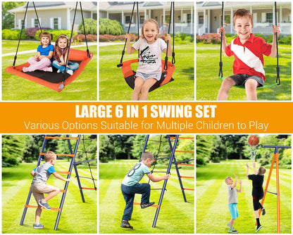 Swing Sets for Backyard 700 lbs - 6 in 1 Multifunction Swing Set Outdoor for Kids Playground, Larger Heavy Duty Metal Swing Stand with 3 Adjustable Swings, Climbing Ladder and Net, Basketball Hoop