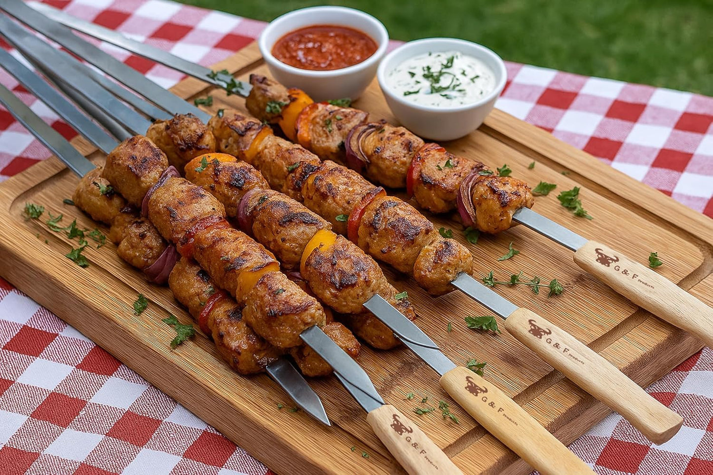 G & F Products Brazilian BBQ Skewers 16 Piece Set Stainless Steel Kabob Sticks 17-Inch Flat Blade with Hardwood Handles Reusable Commercial Grade for Grilling Meat Kebab and Outdoor Cooking