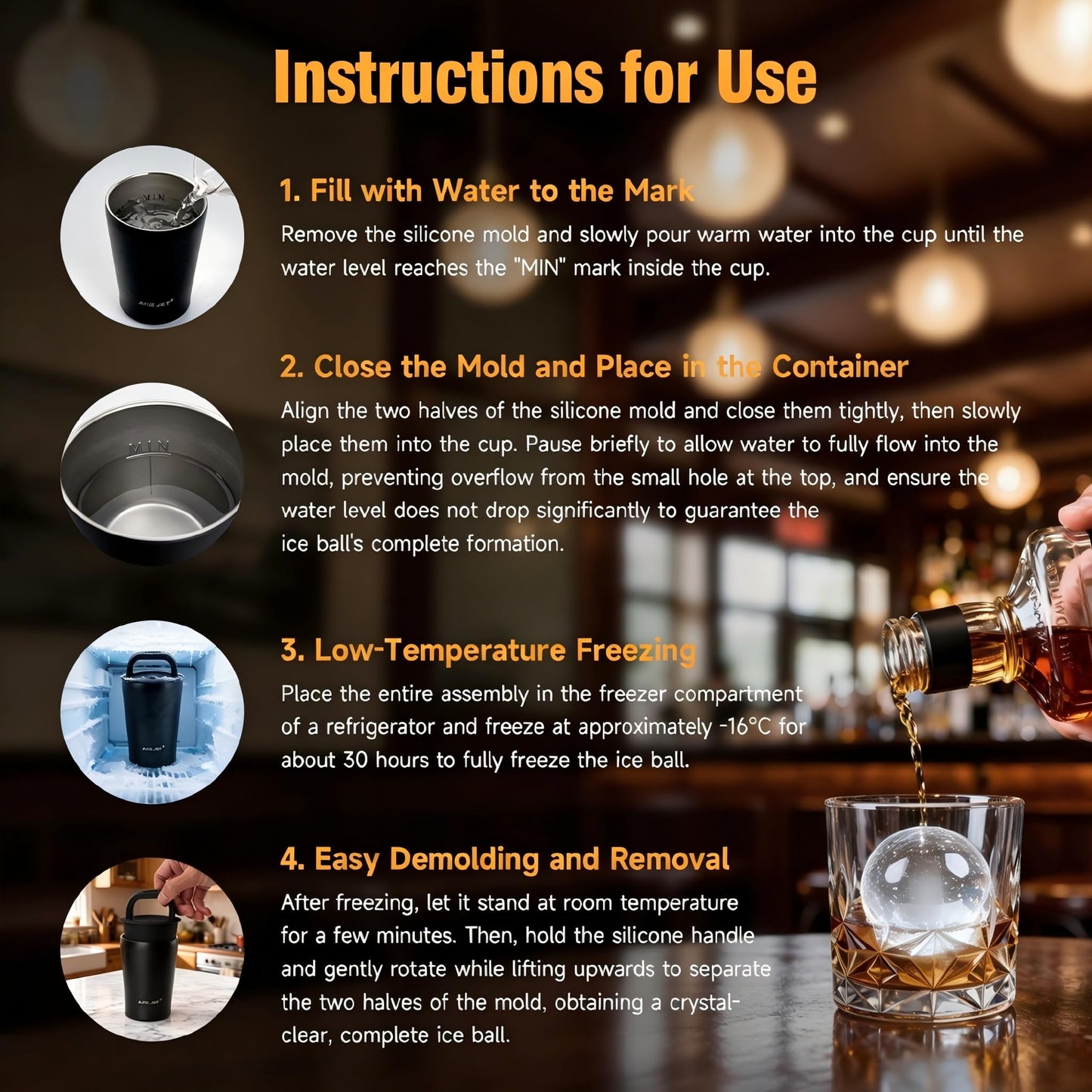 Clear Ice Cube Maker Premium Gift Set – Stainless Steel Whiskey Ice Ball Mold, 2.5” Ice Sphere with BPA-Free Silicone, Slow Melting Easy Release Ice for Bourbon Cocktails, Ideal Gifts for Men Dad