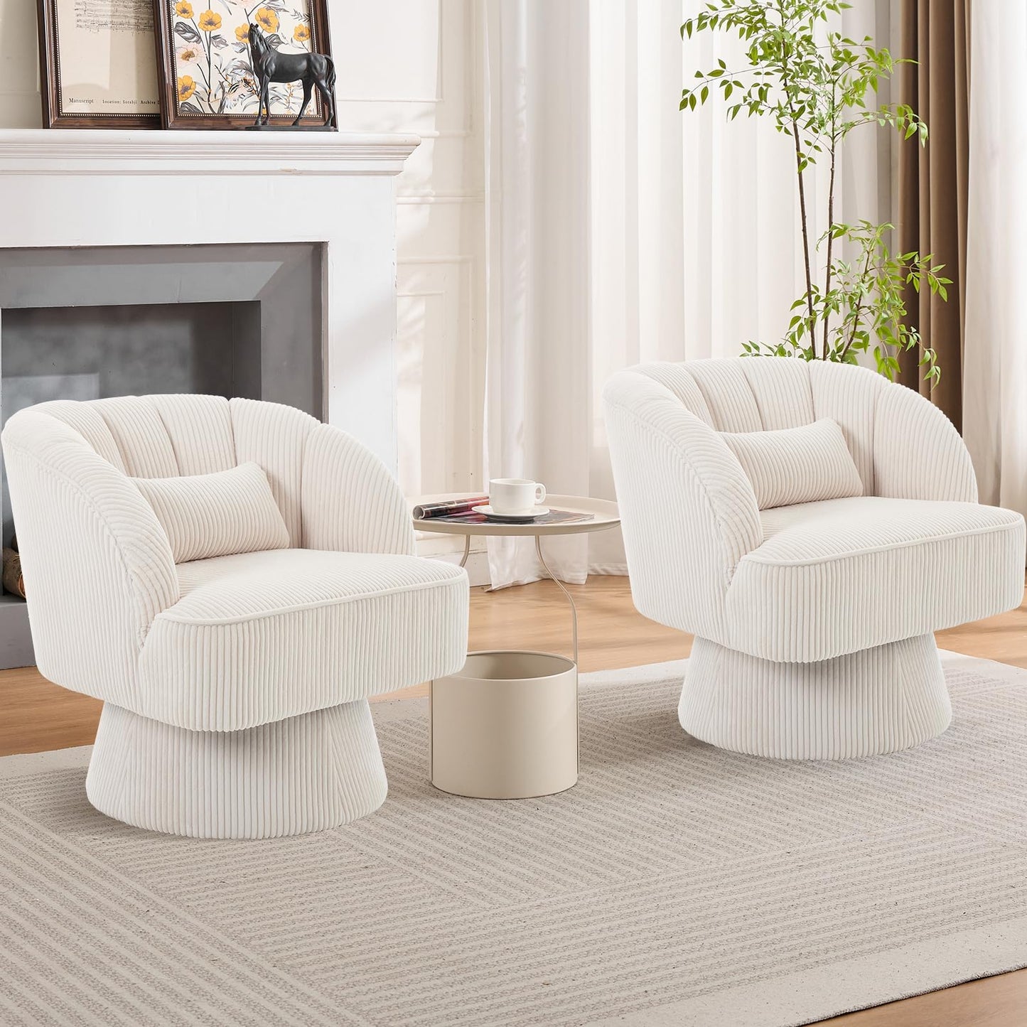 GAOMON Modern Swivel Barrel Accent Chair, 360° Corduroy Upholstered Armchair with Striped Backrest & Plush Padding, Comfy Round Lounge Chair for Living Room, Bedroom, Reading Nook - Beige