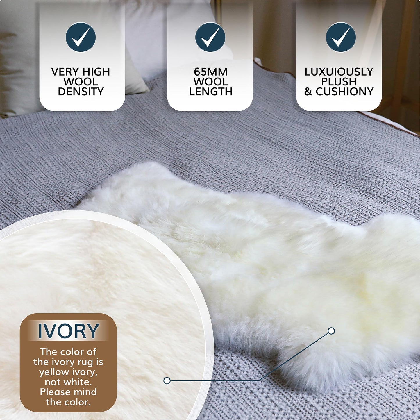 WaySoft New Zealand Sheepskin Area Rug – Genuine Fluffy Wool, Multiple Sizes, Bedroom or Living Room Decor(4ft x 6ft,Grey Beige)