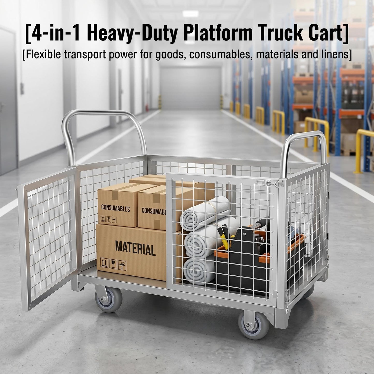 Platform cart, with cage, 4-in-1 Multi-Purpose Rolling Heavy-Duty cart, Rollable Folding cart, Load Capacity 2200 pounds, pushcart with 4 Wheels, Used in Grocery Stores,garages, Warehouses (Silver)