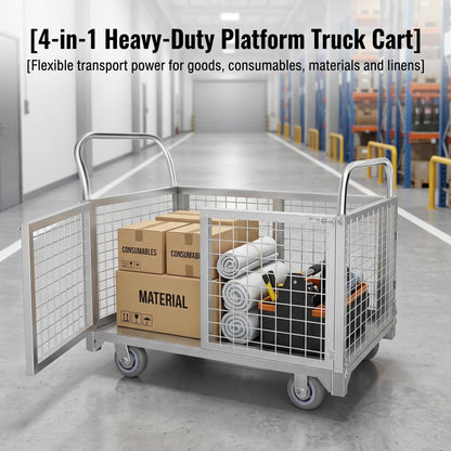 Platform cart, with cage, 4-in-1 Multi-Purpose Rolling Heavy-Duty cart, Rollable Folding cart, Load Capacity 2200 pounds, pushcart with 4 Wheels, Used in Grocery Stores,garages, Warehouses (Silver)