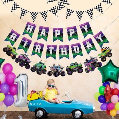 Pasimy 4 Pcs Monster Truck Birthday Banner Cars Truck Garland Black and White Checkered Flags Pennants Green Purple Happy Birthday Bunting Racing Car Theme Party Decorations Supplies