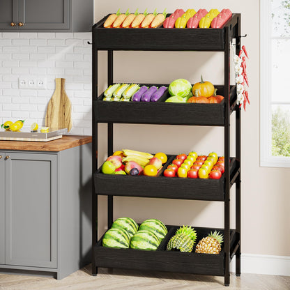 Tribesigns Wood Fruit and Vegetable Basket Stand Rack for Kitchen, Office, Store, Supremarket, Pantry Shelf Unit for Snacks, 4-Tier Wooden Utility Storage Shelves Set of 2 (Black)