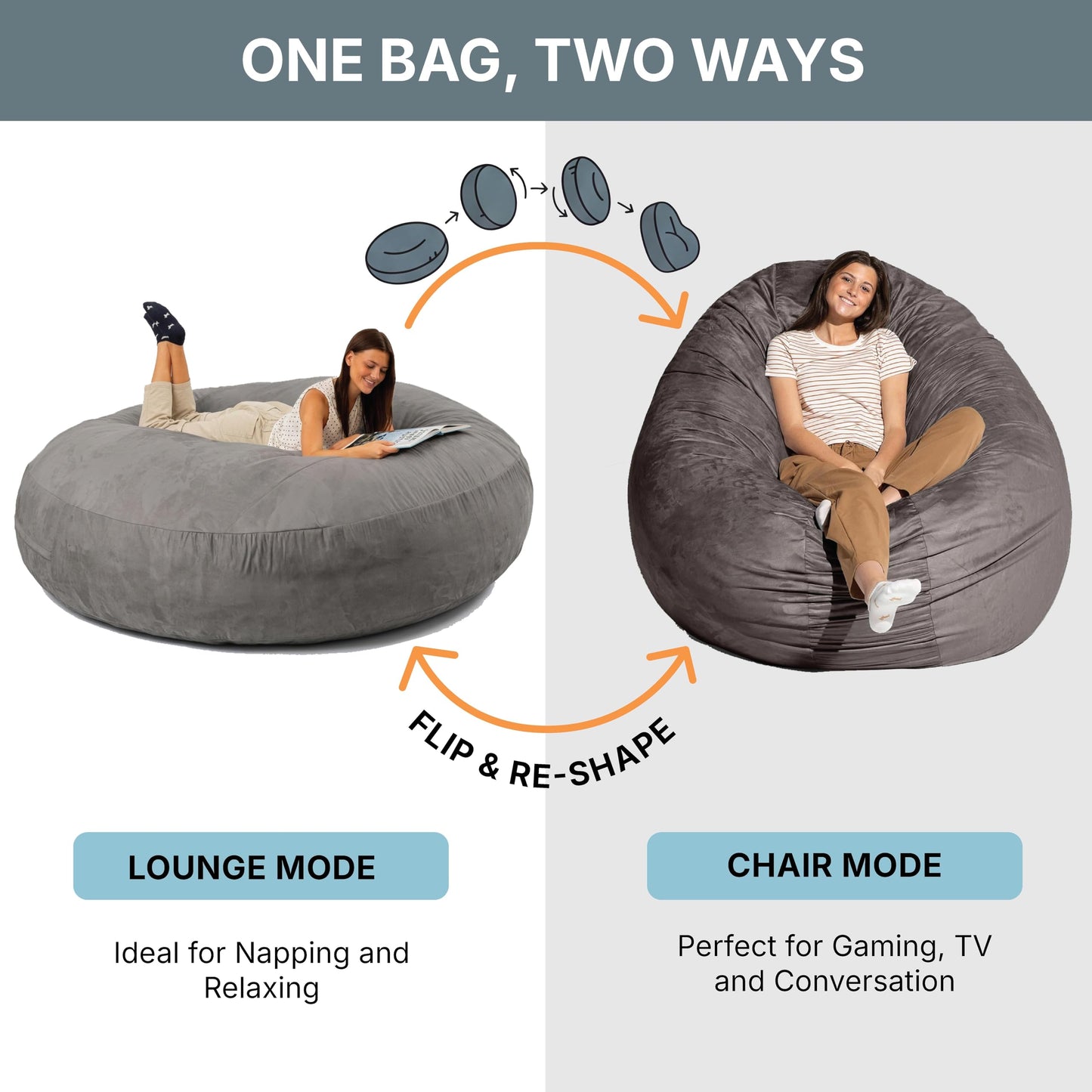 Jaxx 6 Foot Cocoon - 2-in-1 Convertible Bean Bag Bed & Large Bean Bag Chair for Adults, Charcoal