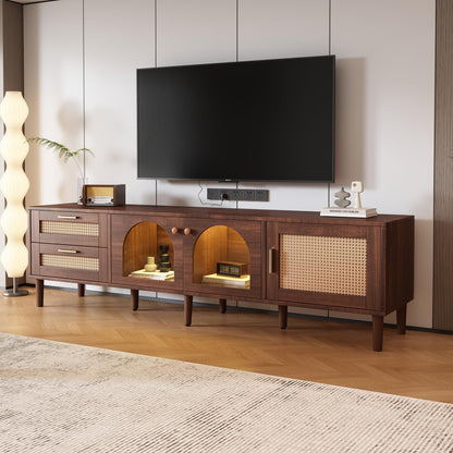 Ball & Cast Rattan TV Stand for TVs up to 80",Modern Entertainment Center with LED Light and 2 Drawers & 3 Doors,TV Media Console w/Storage Cabinets and Solid Wood Legs for Living Room,Dark Brown