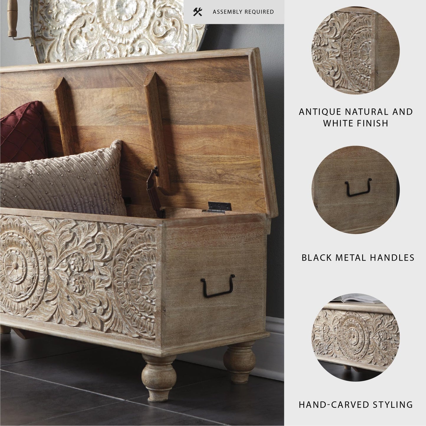 Signature Design by Ashley Fossile Ridge Boho Carved Wood Storage Bench with Hinge Top, Beige