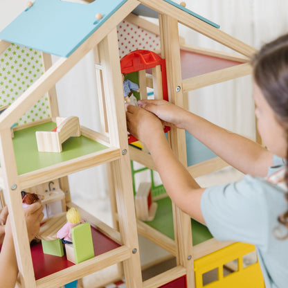 Melissa & Doug Wooden Hi-Rise Dollhouse with 15 Furniture Pieces, Garage, Working Elevator Preschool Dollhouse for Kids Ages 3+