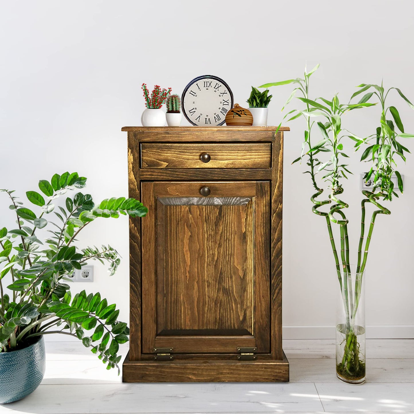 Peaceful Classics Wooden Tilt-Out Trash Bin Cabinet - Handmade Amish Pine Hideaway for Kitchen or Bathroom - Includes Storage Drawer (Special Walnut)