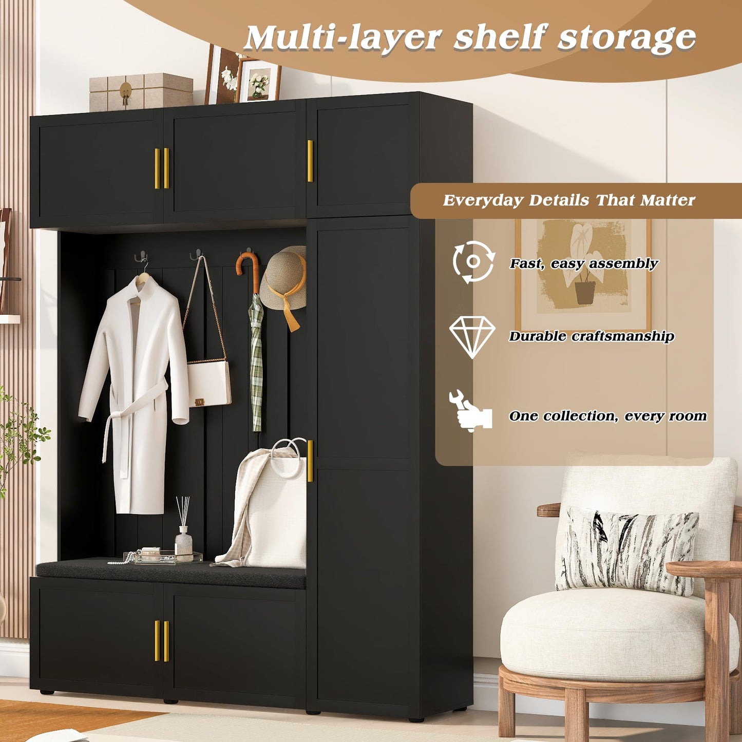 Amposei Modern Hall Tree with Shoe Storage Bench & Coat Rack, 79.72''H Tall Entryway Cabinet Organizer with 6 Doors, 4 Hooks & Padded Seat for Hallway Mudroom Living Room, Black