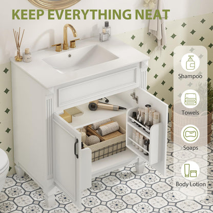 Sweetcrispy 30" Bathroom Vanity with Sink, Bathroom Storage Vanity Sink with 2 Doors, Farmhouse Wooden Free Standing Bathroom Cabinet with Sink, Easy Assembly, NO Mirror Faucet, Ivory White