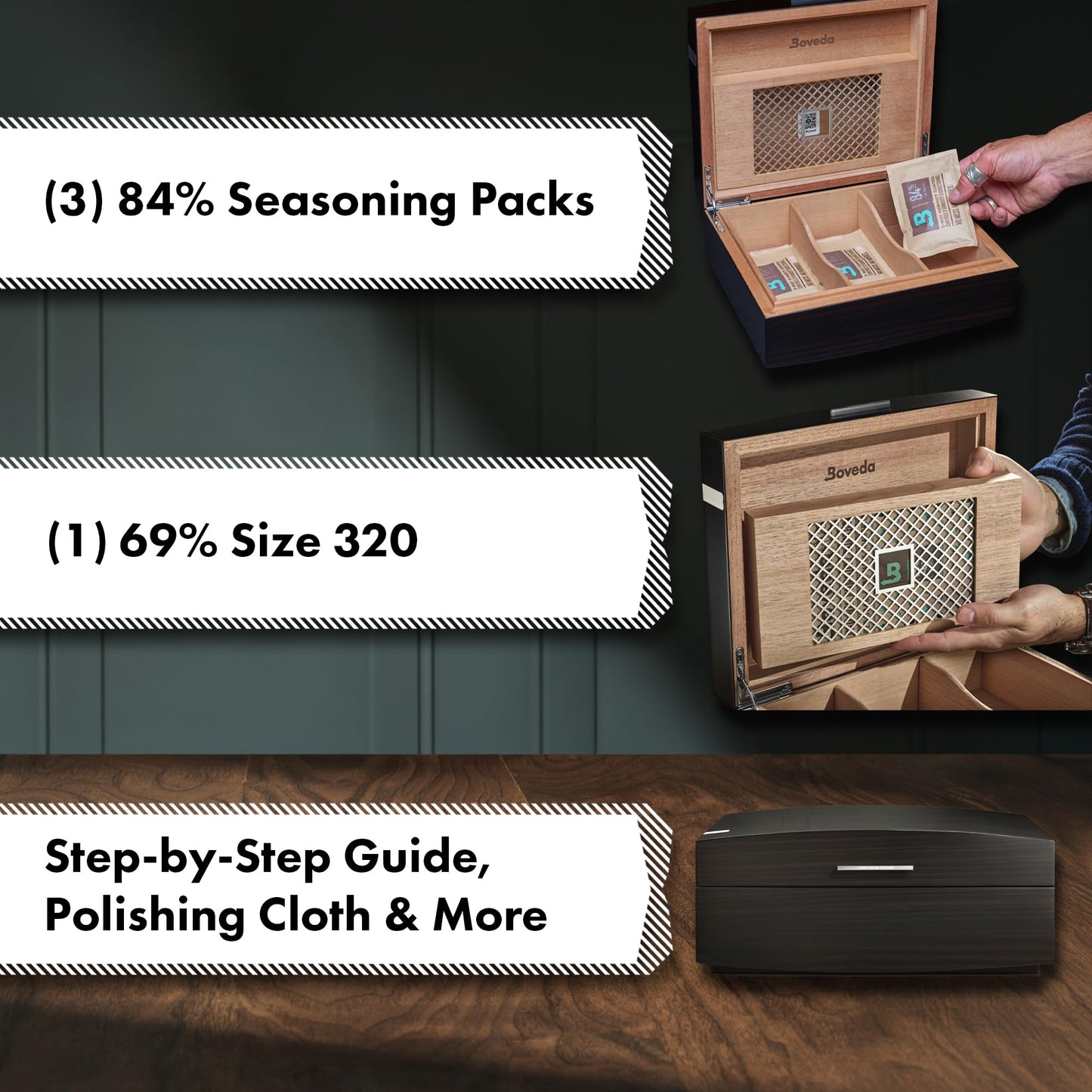 Boveda Bespoke Spanish Cedar Humidor Cigar Box with Macassar Ebony Matte Finish, Custom-Built Holder, Includes 84% Seasoning Packs and 69% Size 320 Humidity Pack, 50 Cigar Capacity