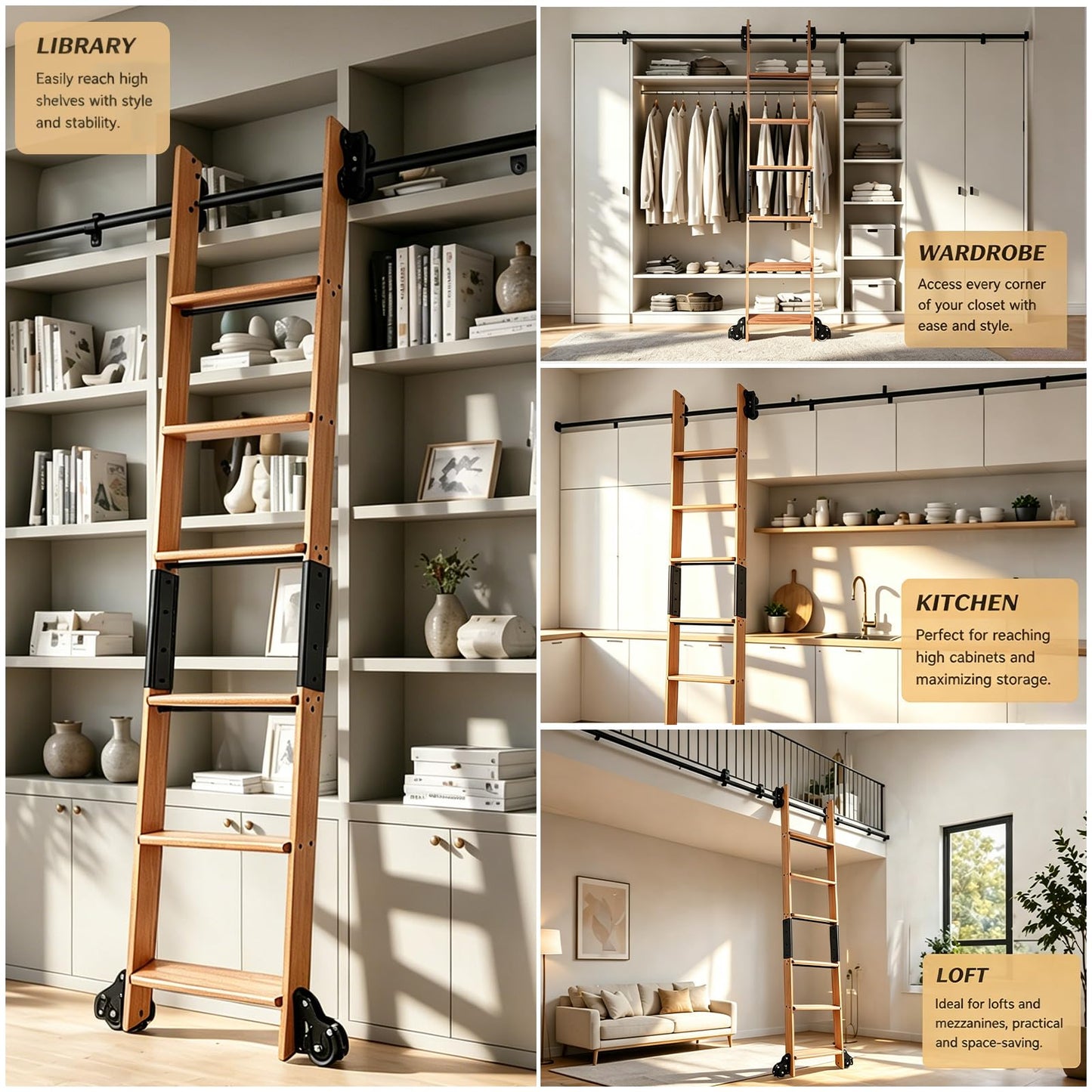 Leinuosen 86 Inch Rolling Library Ladder with 4FT Track Kit, Solid Oak Wood Ladder with Braking Wheels, Sliding Kit for Home, Bookshelf, Loft(Suitable for Installation Height 80-3/4")