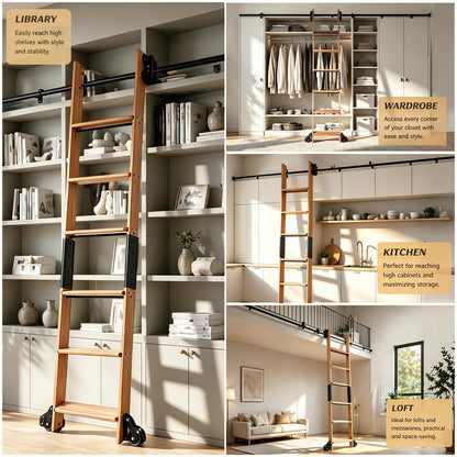Leinuosen 86 Inch Rolling Library Ladder with 4FT Track Kit, Solid Oak Wood Ladder with Braking Wheels, Sliding Kit for Home, Bookshelf, Loft(Suitable for Installation Height 80-3/4")